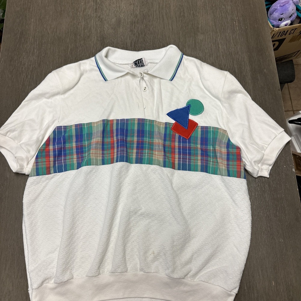 VTG  Cricket Lane White Polo Short Sleeve Shape And Pattern Size L Light Pads V5